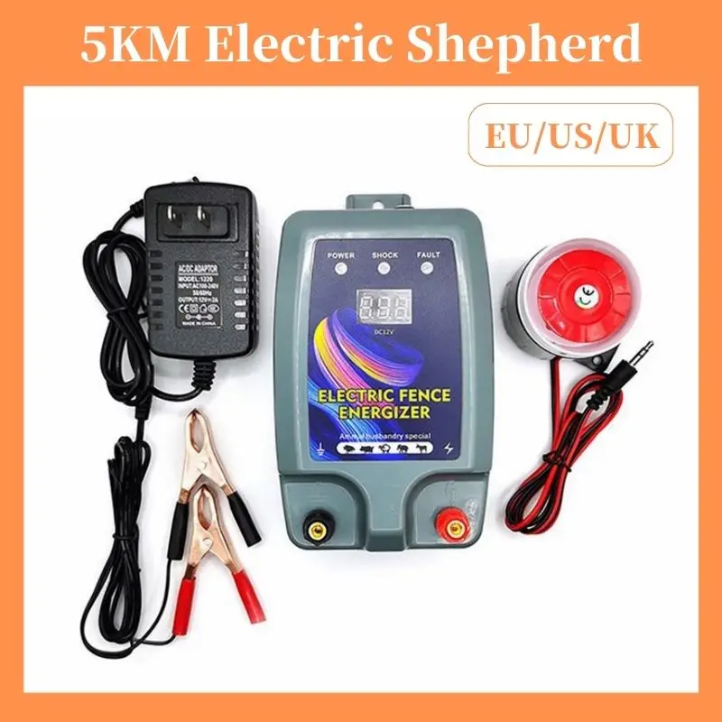 5KM Electric Shepherd for Cattle Animals Farm Electric Shepherd Energizer Livestock LCD Panel Charger High Voltage Pulse Control