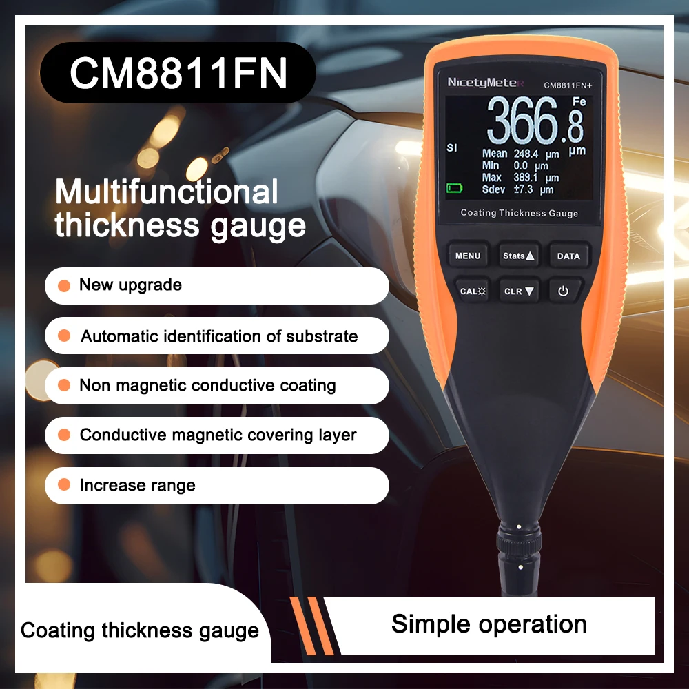 

Professional Fe/NFe Digital Coating Thickness Gauge LCD Backlight Car Painting Thickness Meter 0-1250um Separate Probe CM8811FN