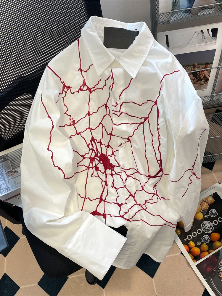 

2023 Vintage Spider Web Women Harajuku Blouse Embroidery Long Sleeve White Tops Shirts Y2k Aesthetic Grunge Blusas White Shirt