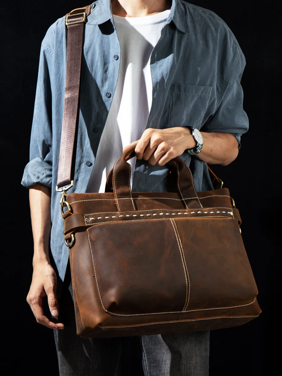Портфель мужской из воловьей кожи саквояж кросс-боди в стиле ретро