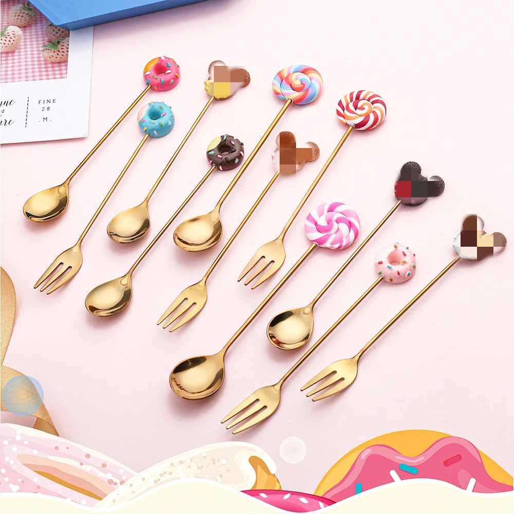 

2/4PCS Spoon Fork Set Stainless Steel Dessert Spoons Rainbow Lollipop Donut Set Kitchen Accessories Macaron Fruit Forks Kids