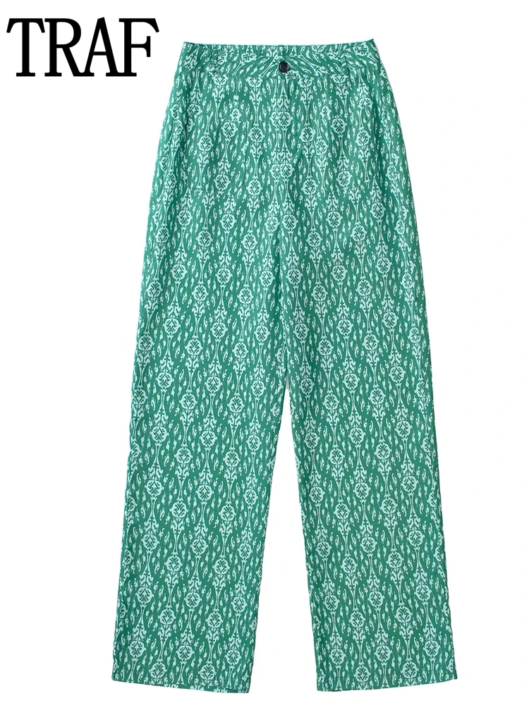 

Брюки TRAF женские с завышенной талией, комплект с винтажным принтом, мешковатые прямые штаны, модная повседневная Уличная одежда