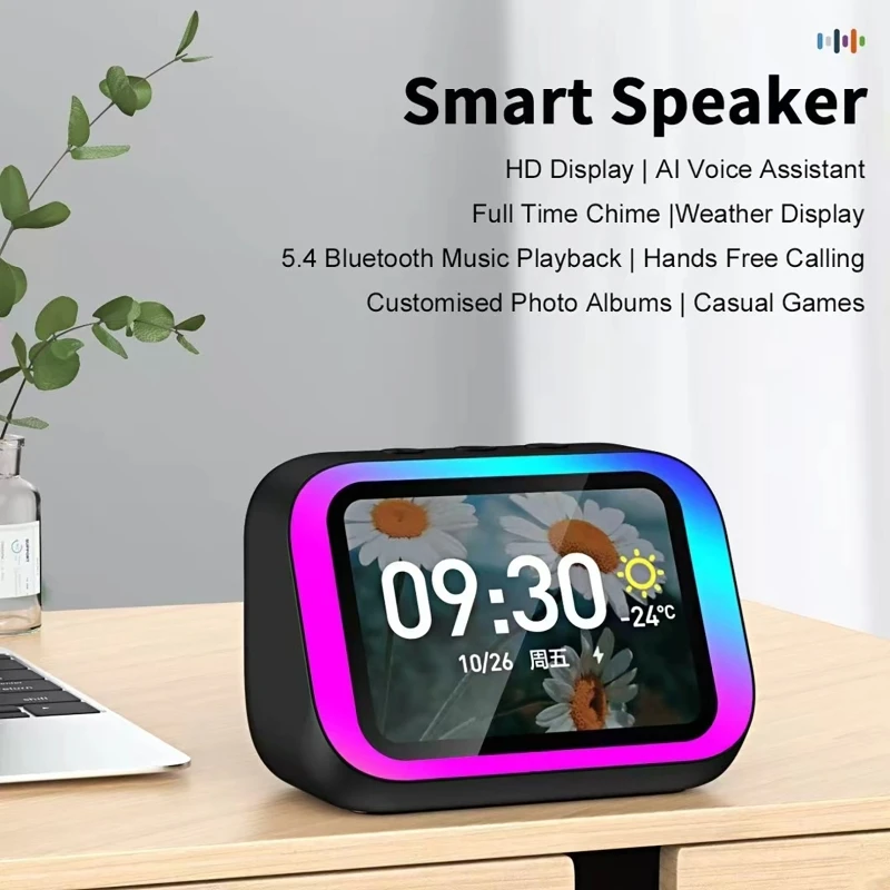 Фото Умная колонка с голосовым помощником AI, Bluetooth, RGB-подсветкой, будильником, LED-экраном и отображением погоды №2