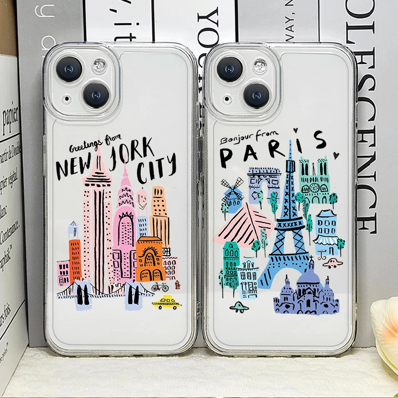 Фото Модный прозрачный чехол для телефона Korea Paris New York City для IPhone 15 16 11 12 13 14 Pro Max 7 8 16 Plus X XS XR, противоударный мягкий чехол №1