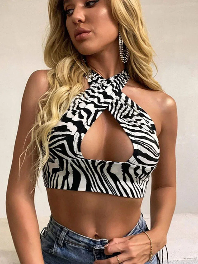 

2022 Cross Strappy Sexy Women Front Crop Top Tank Backless Halter Cut Out Sleeveless V Neck White Vest Bandage Black Summer