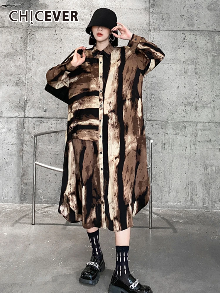 

CHICEVER Colorblock Striped Dresses For Women Lapel Long Sleeve Single Brested Loose Straight Vintage Midi Dress Female Summer