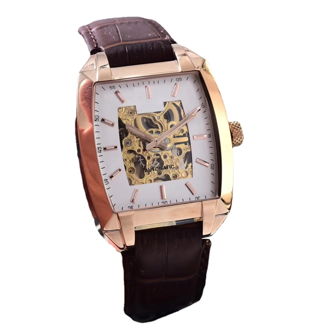 

mens mechanical watch automatic black Brown leather skeleton