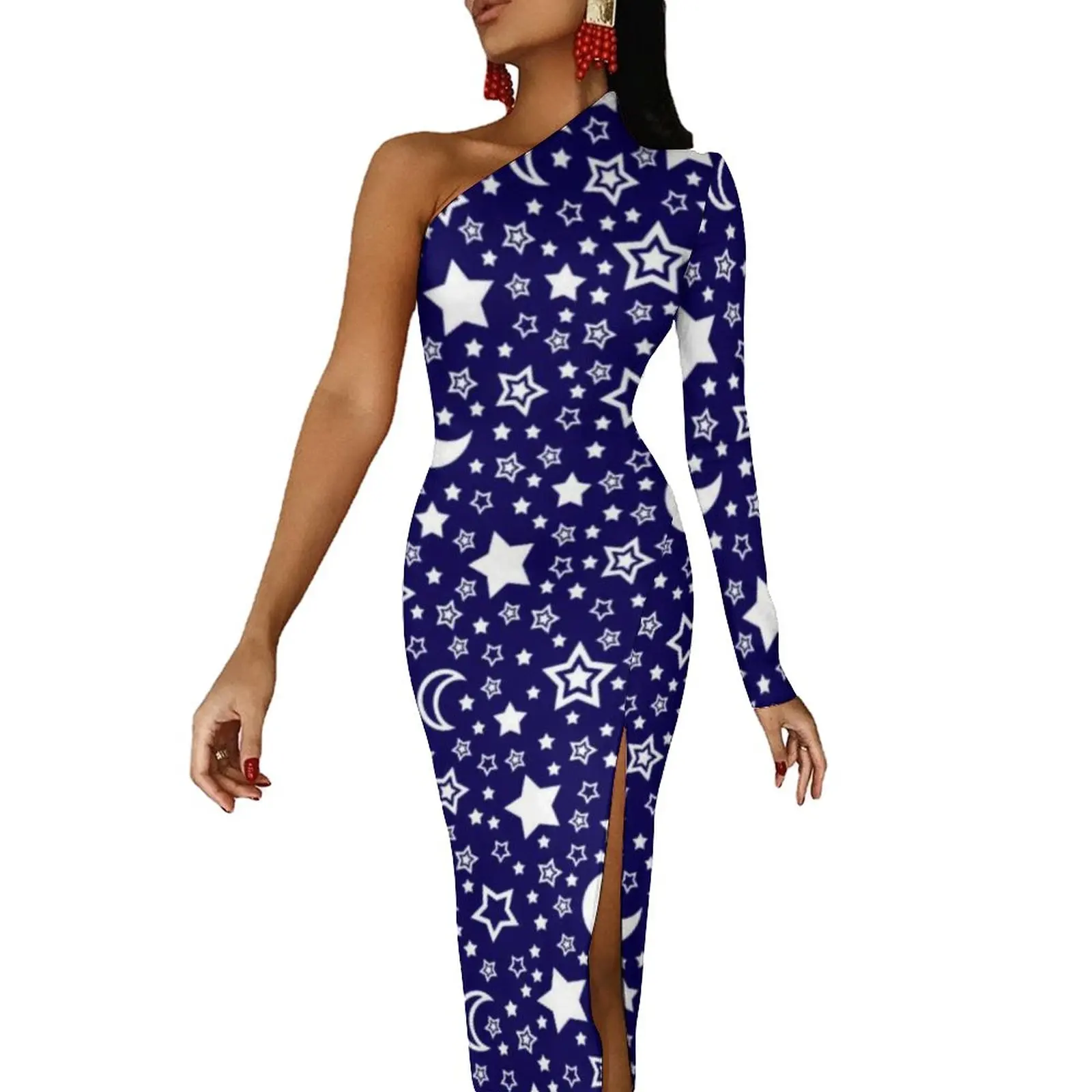 

Night Sky Maxi Dress One Shoulder Moon Stars Print Modern Bodycon Dress Autumn Side Split Aesthetic Long Dresses Women Vestido