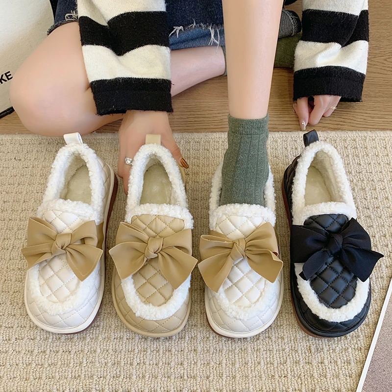 

Casual Woman Shoe Round Toe Loafers Fur Modis Slip-on Bow-Knot 2022 Moccasin Winter Slip On New Butterfly Basic Butterfly-knot L