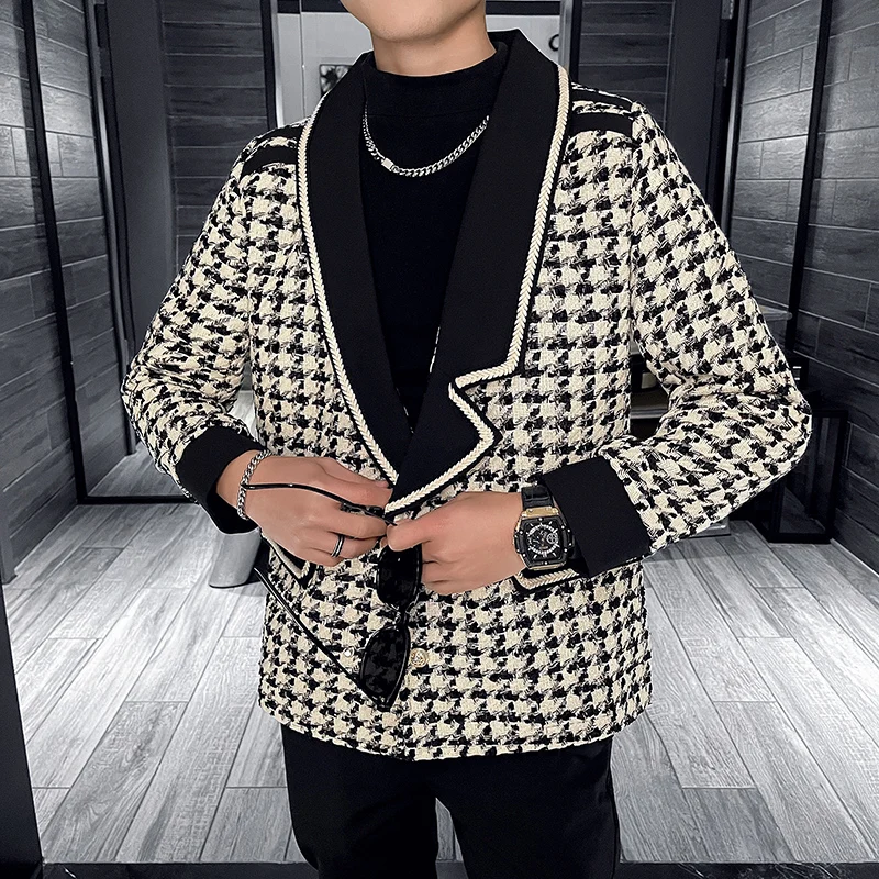

Brand Houndstooth Men Blazers Casual Large Lapel Suit Jacket Loose Oversized Streetwear Coat Business Social Jacket Men Clothing