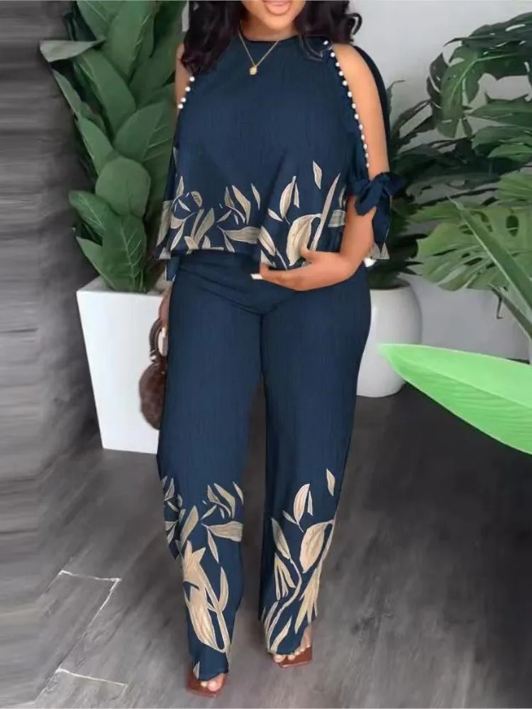 

Fashion Women Print 2 Piece Sets Casual Elegant O Neck Sleeveless Top Shirt Long Pants Sets 2023 New