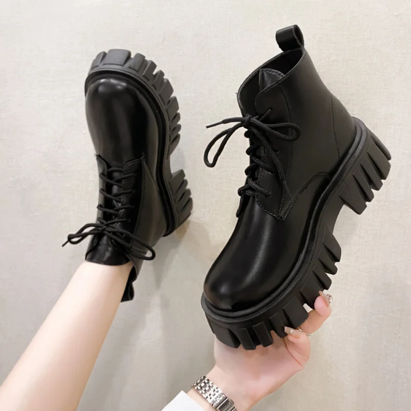 

Rimocy Lace-Up Platform Ankle Boots Women Autumn 2023 Thick Bottom Short Boots Woman Comfotable Non-Slip Pu Leather Botas Mujer
