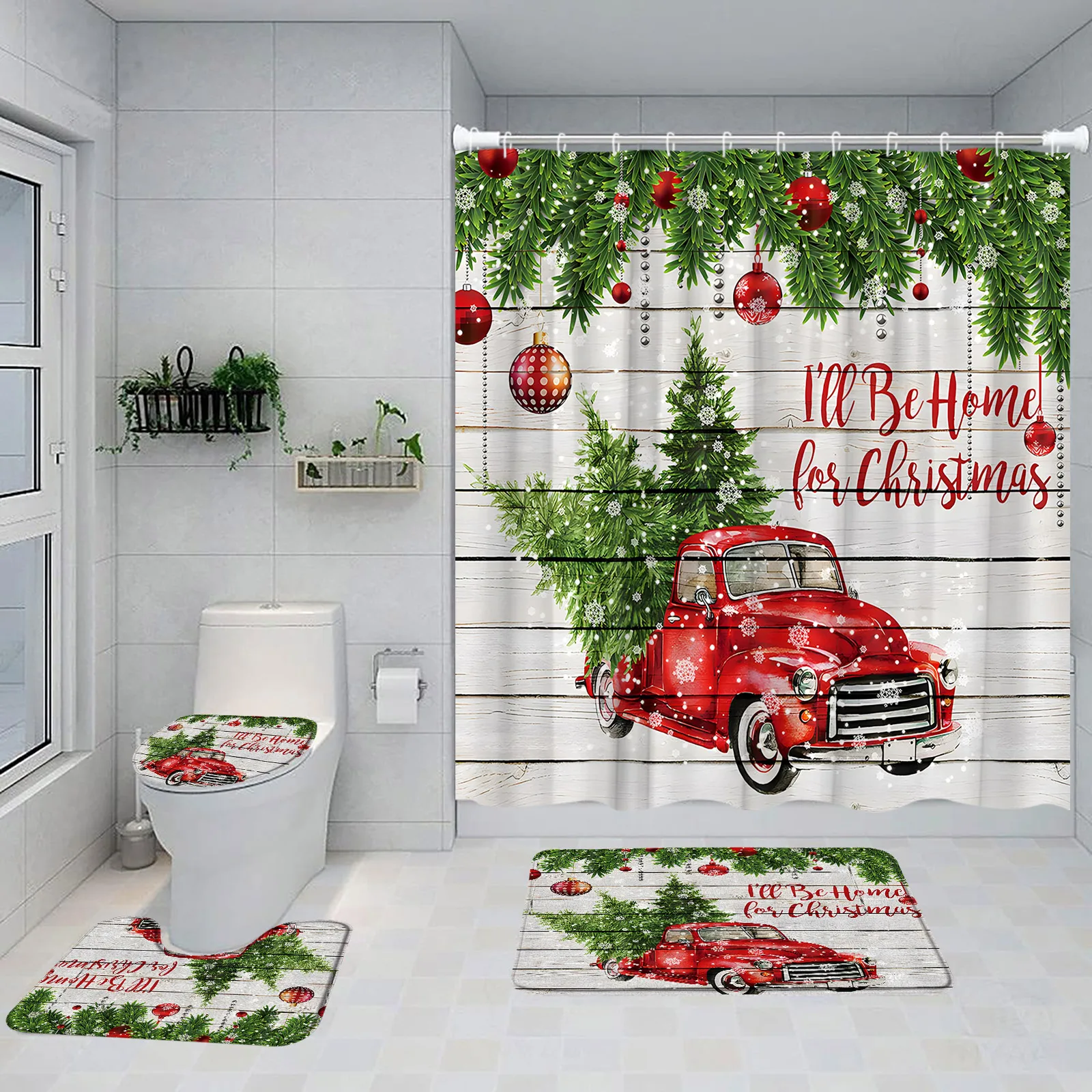 

Набор рождественских занавесок для душа, деревянная доска, грузовик, веревка для рождественской елки, шарик, ветка сосны, декор для ванной к...