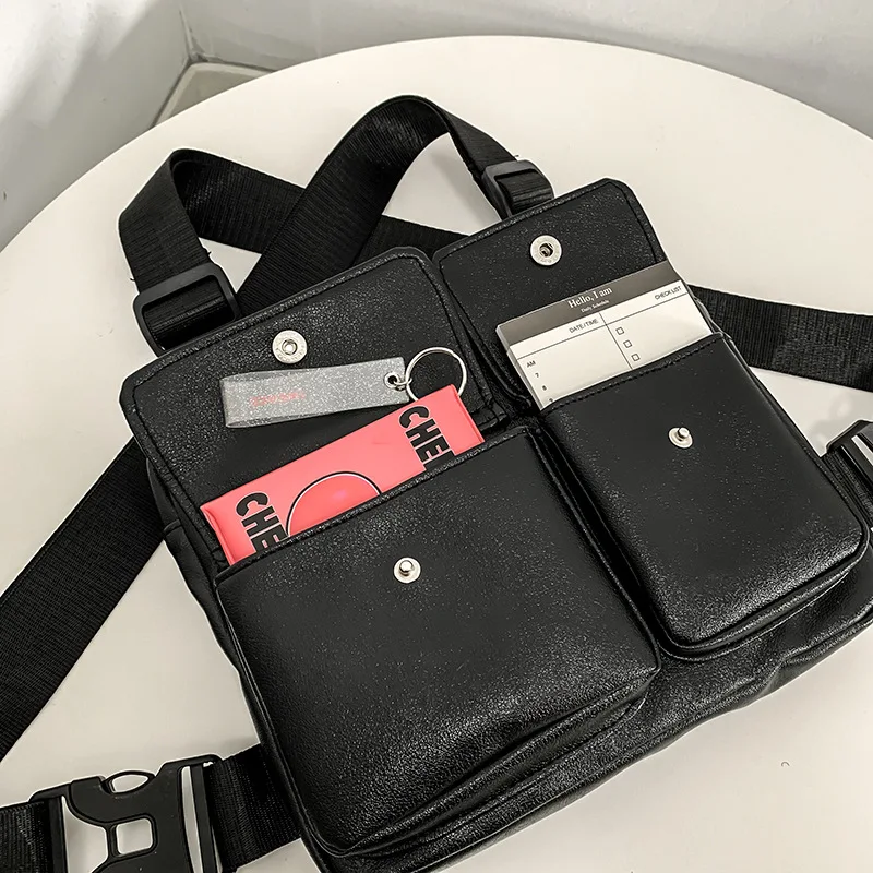 Leather Functional Tactical Chest Bag For Men Fashion Streetwear Hip Hop Vest Bag Casual Waist Pack Black Brand Man Back Rig Bag