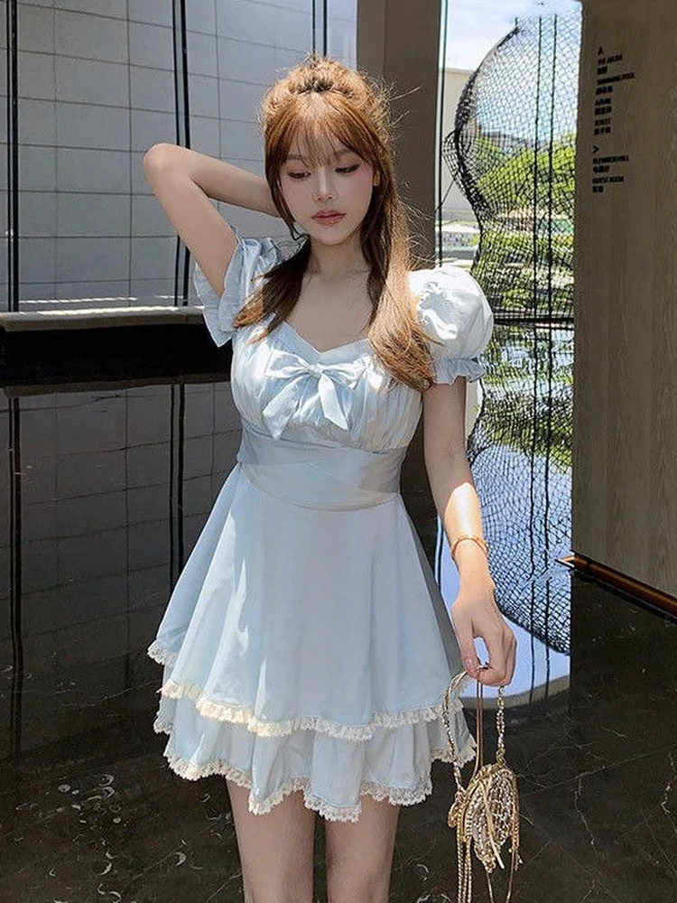 

QWEEK Sweet Kawaii Blue Mini Dress Women Soft Sweet Lace Cute Puff Sleeve Short Dresses Princess Fairy 2022 Summer Korean Kpop