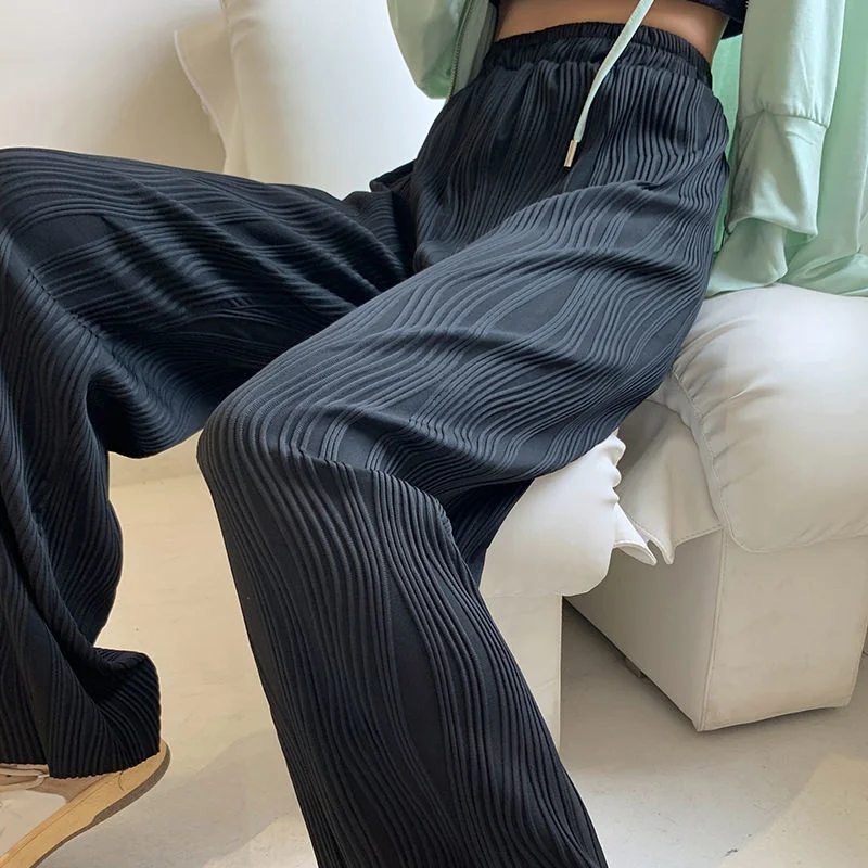 

Feiernan Black Wide Leg Bottoms Women Summer Elegant Pleated Palazzo Pants Stripe Full Length Trousers High Waist Causal Elastic