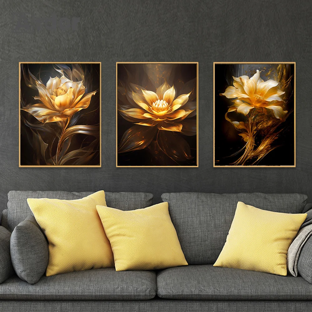 Золотые черные золотые листья желтые цветы Современная картина маслом искусство