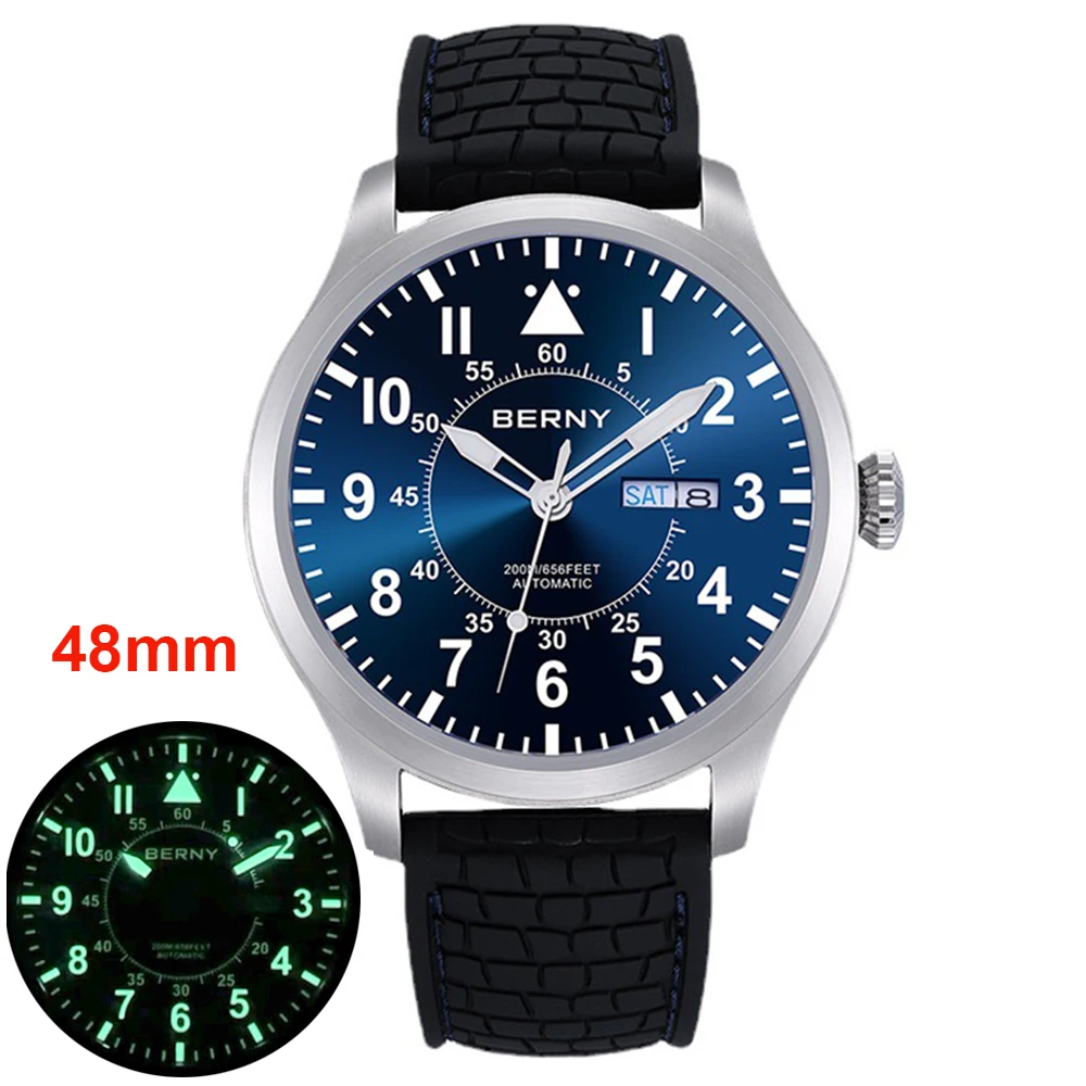 

Berny Automatic Watch Men Military Watches Sports 200M Diver Mechanical Wristwatches 48mm Pilot Luminous Sapphire Clocks Homage