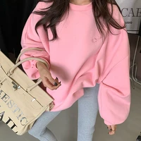 2021 new female long sleeve plus velvet pink pullovers women thick loose korean fall winter all match mid length casual tops