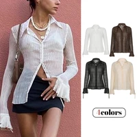 vintage white folds cute shirts women elegant fashion flared sleeve button tops see through sexy girl tees