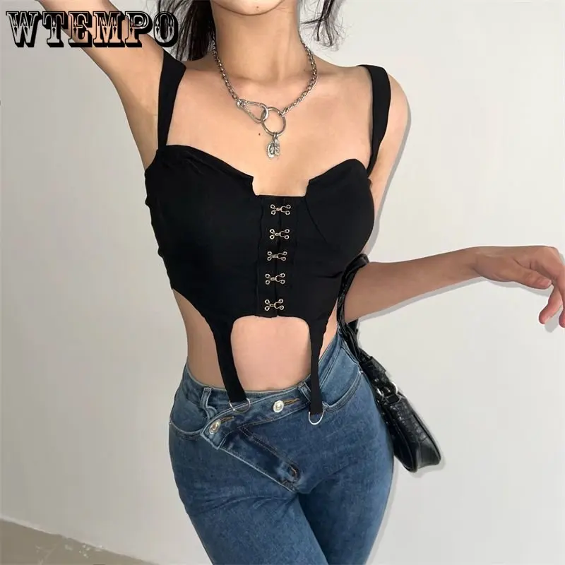 

Gothic Black Cool Spicy Girl Tank Sexy Slim Women's Short Top High Waist Navel Exposed Cami Street Style New Fashion Summer