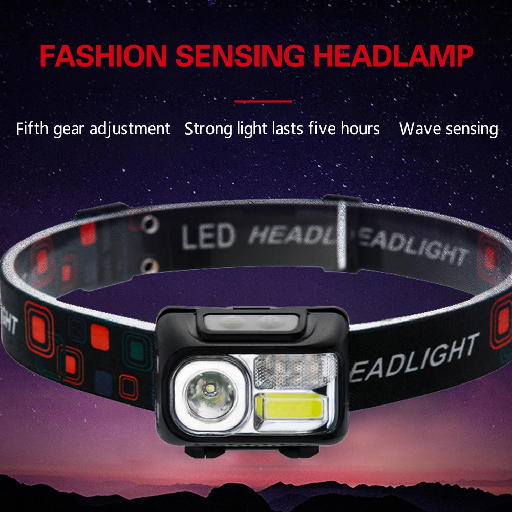 

Inductive on/off Headlight 5 Lighting Modes USB Rechargeable COB+XPE Headlamp 62g Lightweight Waterproof for Outdoor ED889