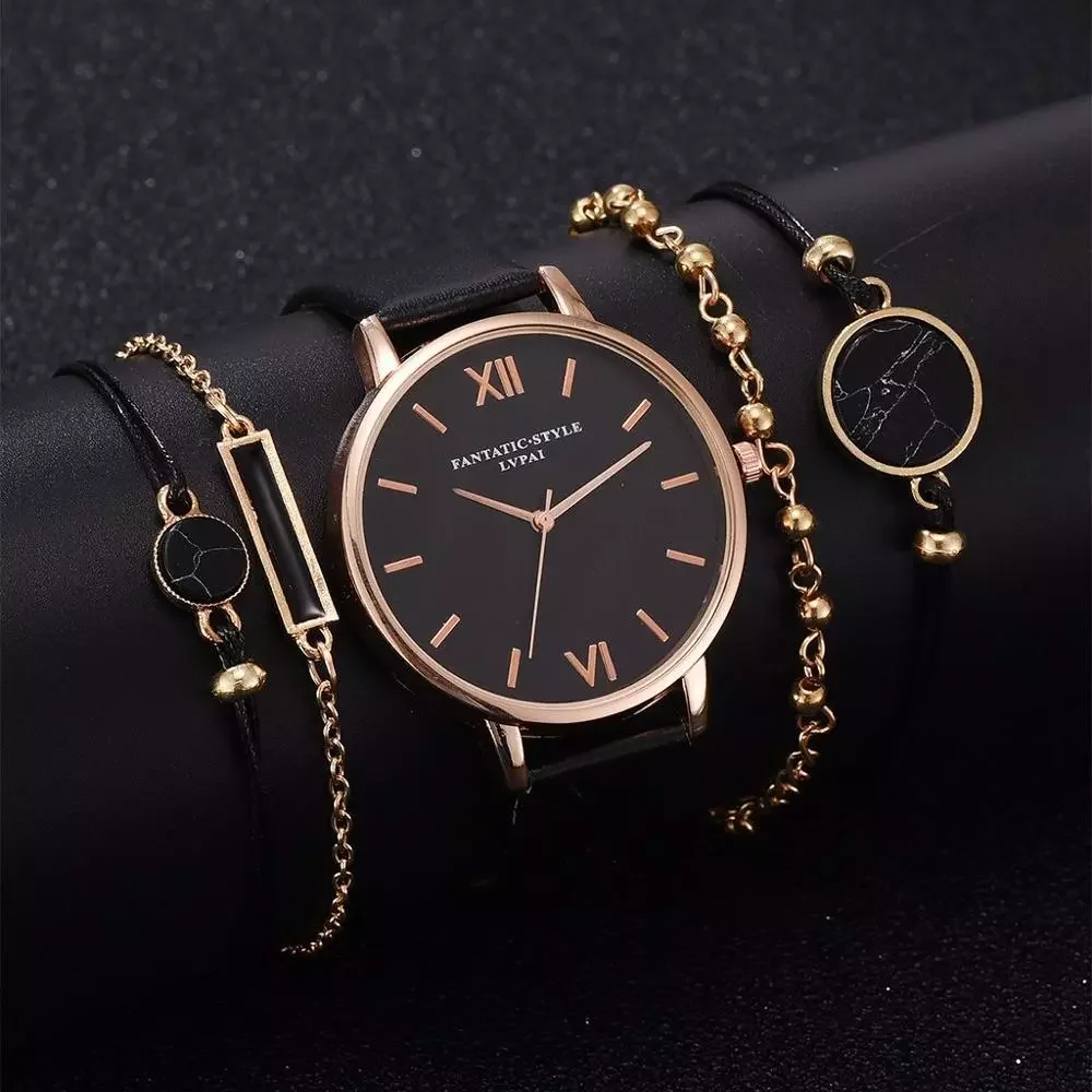

5pcs Set Top Style Fashion Women's Luxury Leather Band Analog Quartz WristWatch Ladies Watch Women Dress Reloj Mujer Black Clock