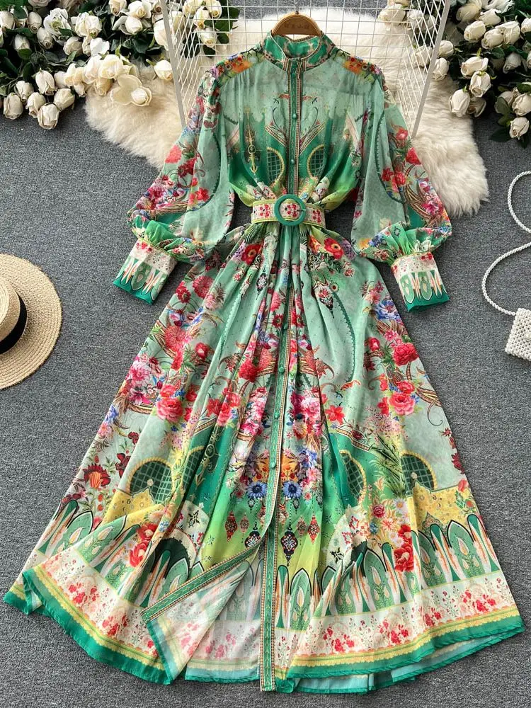 

Autumn Bohemian Chiffon Green Maxi Dress Women's Turtleneck Lantern Sleeve Single Breasted Flower Print Belt Holiday Vestidos
