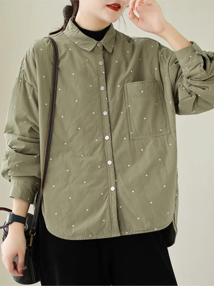 Осеннее стеганое хлопковое пальто большого размера женское в горошек с принтом