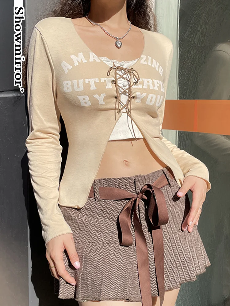 

Укороченные топы Showmirror с надписью на завязках Y2K, уличный Кардиган с длинным рукавом, футболка, Повседневная модная одежда для учителя