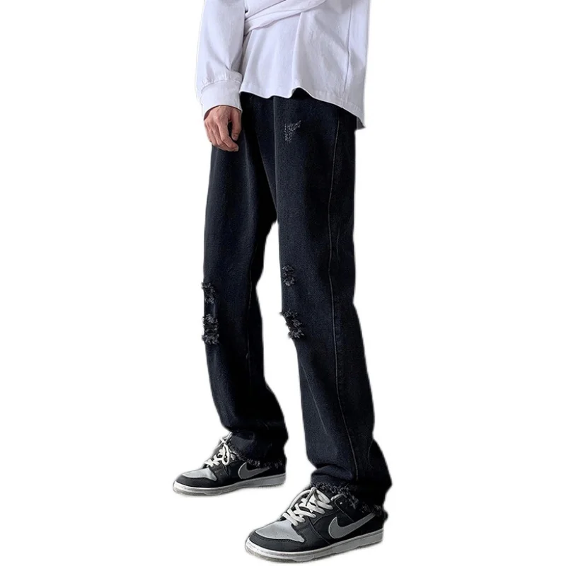 White Blue Black Ripped Jeans Men Fashion Casual Straight Jeans Men Streetwear Hip-hop Loose Hole Denim Pants Mens Trousers