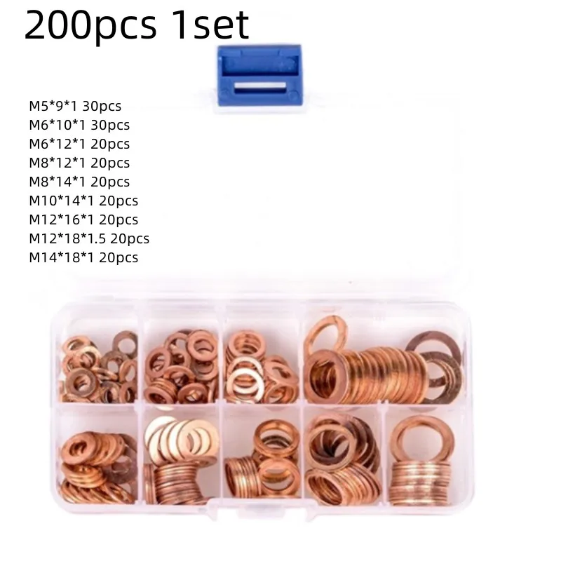 

200Pcs Copper Washer Gasket Nut And Bolt Set Flat Ring Seal Assortment Kit With Box M5/M8/M10/M12/M14 For Sump Plugs
