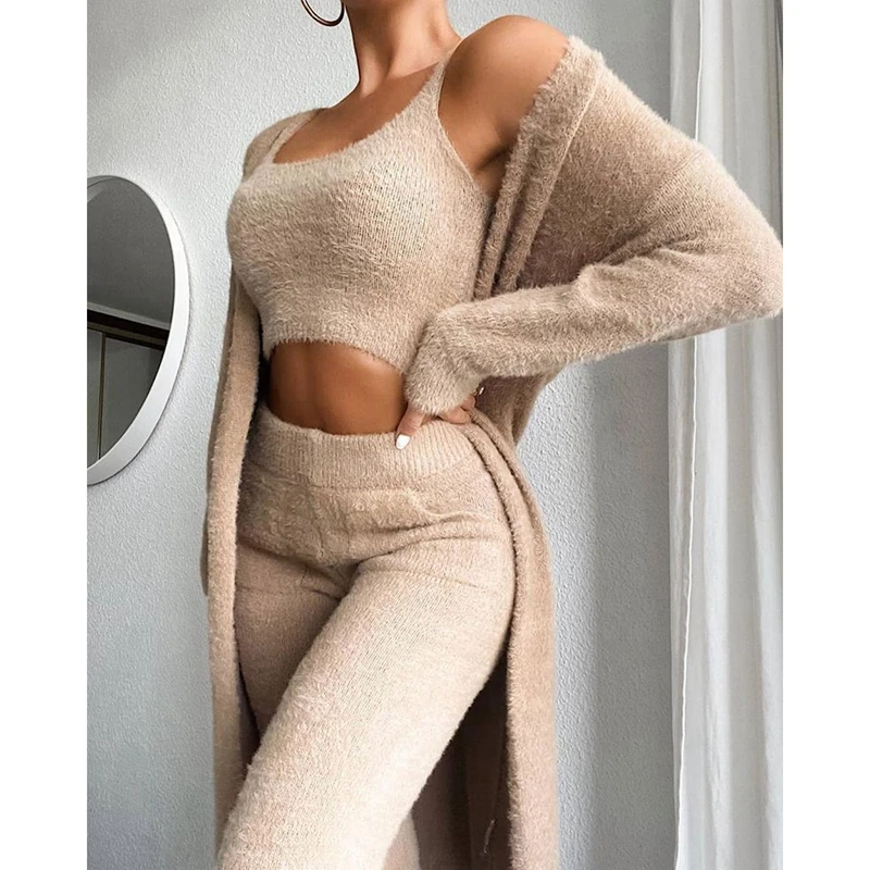 Autumn Winter Warm Pajamas Soft 3 Piece Sets Loungewear Women Sexy Crop Tops Long Pants Robes Homesuit Casual Pyjamas Sleepwear