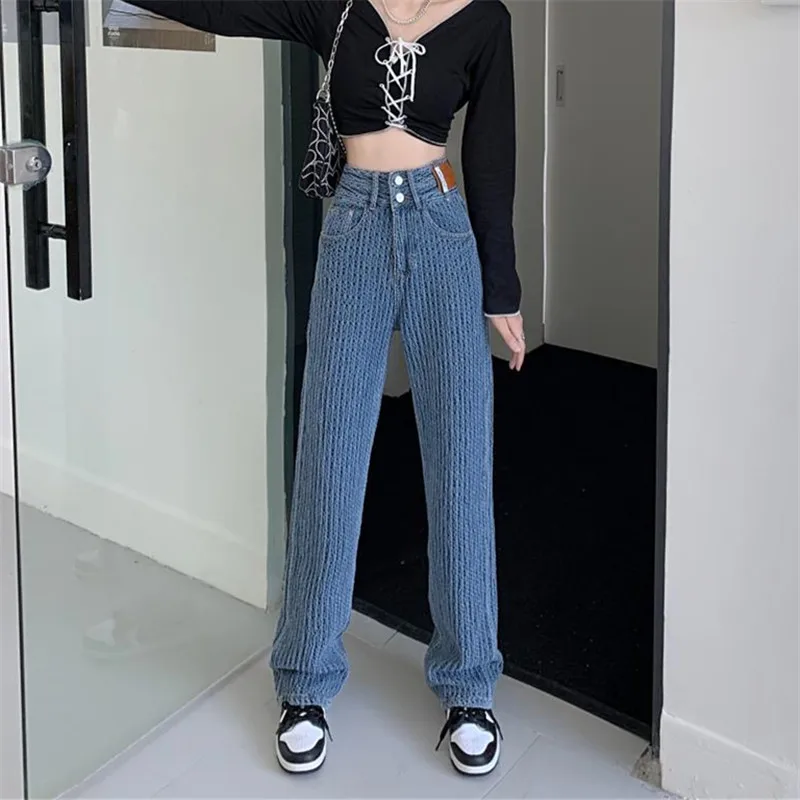 

High Waist Jeans Women's Spring Autumn New Solid Color Loose Button Pockets Fashion Straight Pants Trousers Female Clothing 207