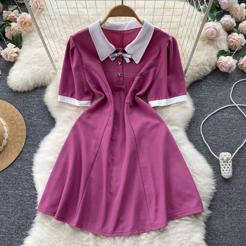 

Женское ТРАПЕЦИЕВИДНОЕ ПЛАТЬЕ с отложным воротником, элегантное однотонное платье во французском стиле с коротким рукавом, модель G546 на ле...