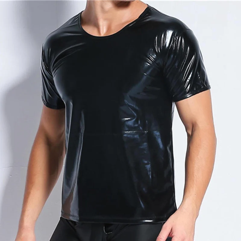 

AIIOU Sexy Men Faux Leather Undershirts T-shirt Short Sleeve Male Black Gay PU Underwear Men Club Wear Performance Undershirts