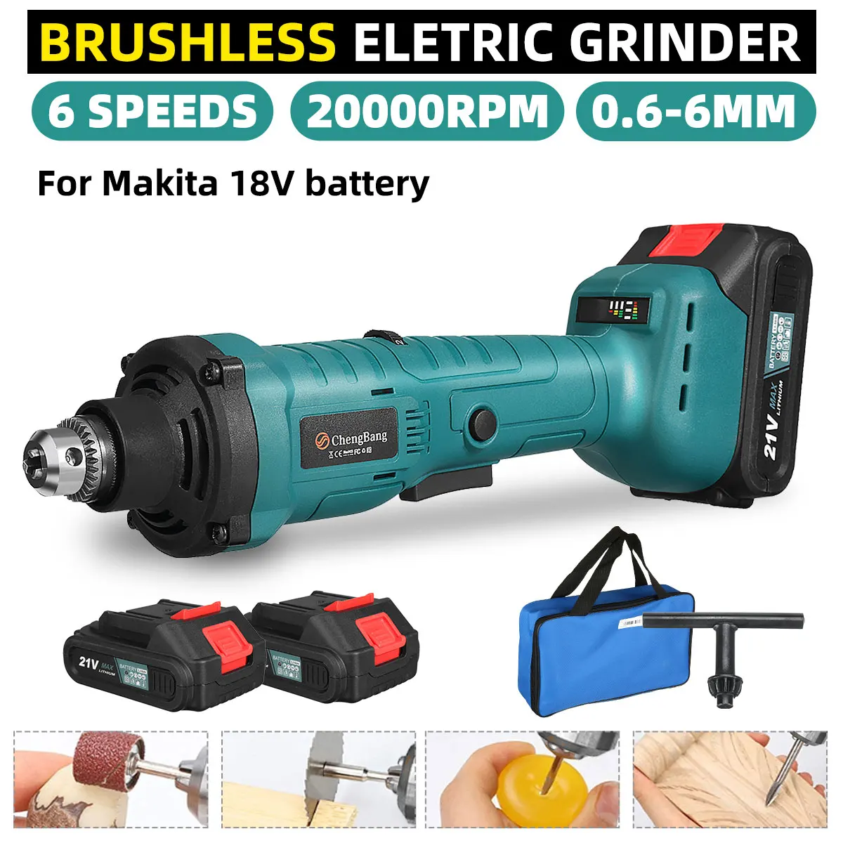 

6 Speeds Brushless Die Grinder 0.6-6mm Collet Variable Speed Rotary Tool Rechargeable Grinding Machine for Makita 18V Battery
