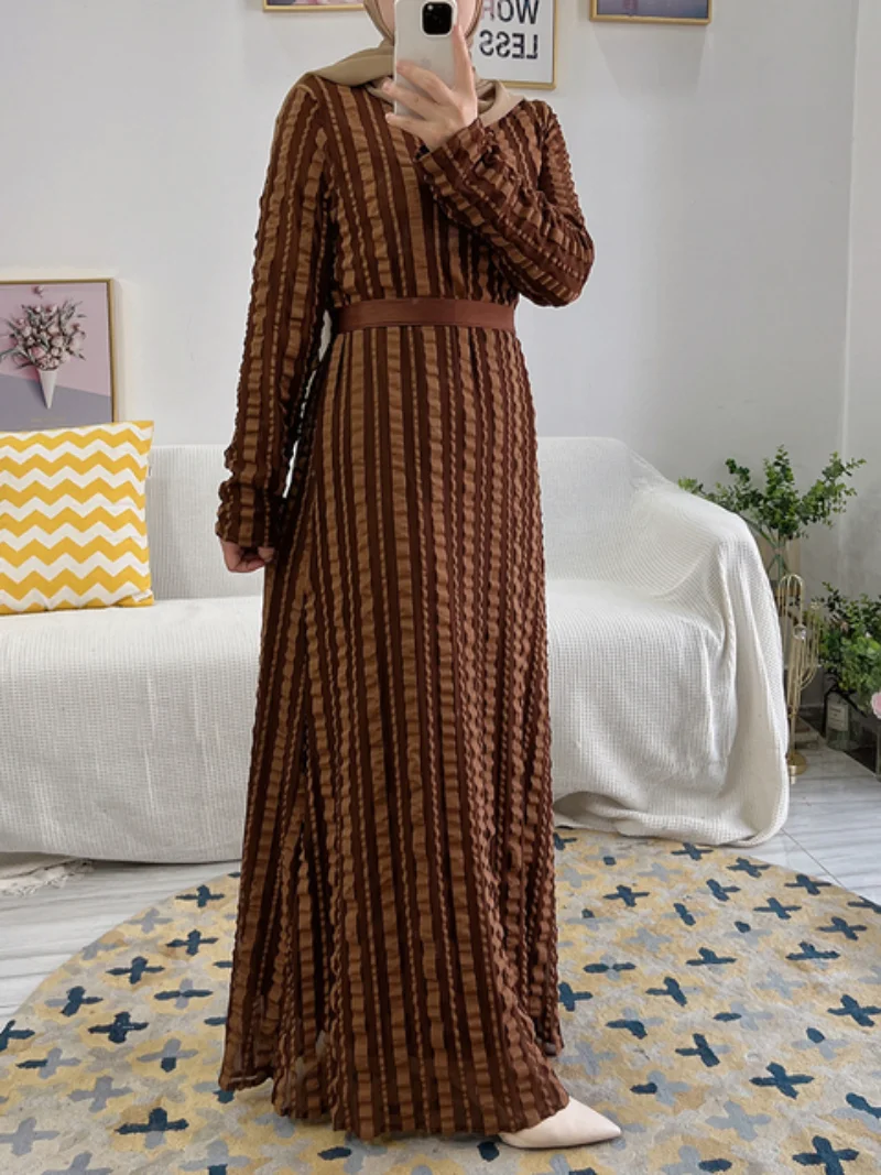 Fall 2022 Dubai Elegant Maxi Long Dress for Women Brief Solid O Neck Full Sleeve Loose Arab Oman Muslim Clothes Autumn