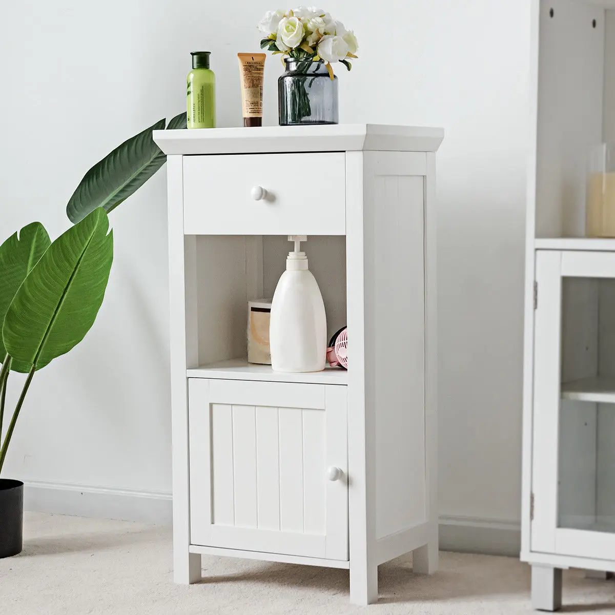 

Bathroom Floor Cabinet Organizer Storage Drawer Cupboard with Door White