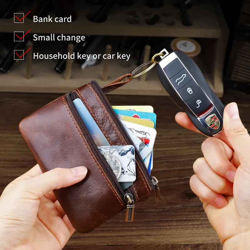Mini Wallet Genuine Leather Double Zipper Coin Purse Multifunctional Small Coin Credit Card Key Ring Wallet Storage Pocket Women
