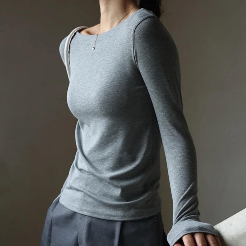 Осенние женские футболки топы из модала для ношения слоями однотонная пикантная