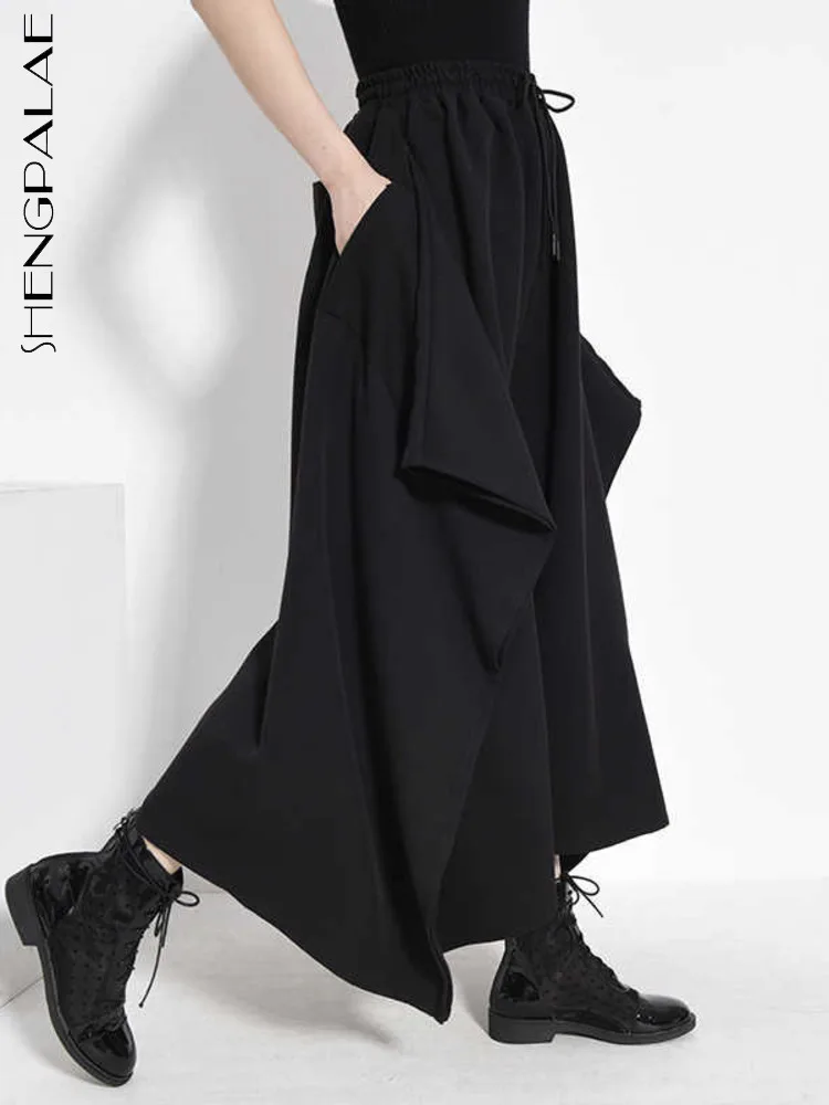 

SHENGPAIAE Women Fashion Spring Autumn 2022 High Elastic Waist Black Brief Rufflfes Wide Leg Trousers New Loose Fit Pants 5W231
