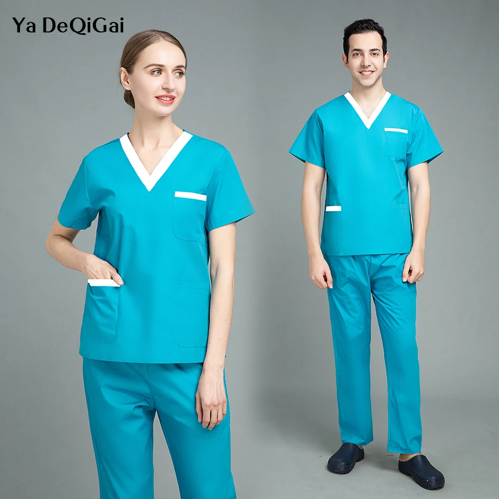 

Hospital Uniform Set Wholesale Fashion Scrub Suits Solid Color Unisex Surgical Clothes Pocket V-neck Scrubs Set for Doctor Nurse