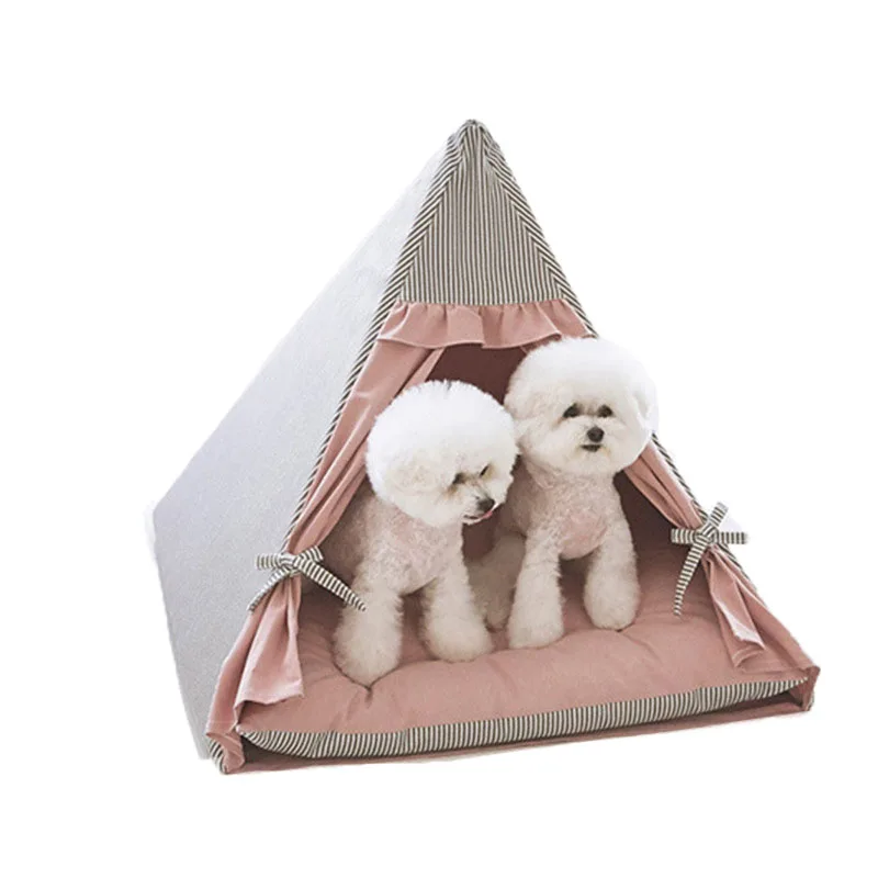 

Wholesale Custom Pet Teepee Tent Pine Wood Cotton Linen Cave Bed Dog Cat House Bed Tents