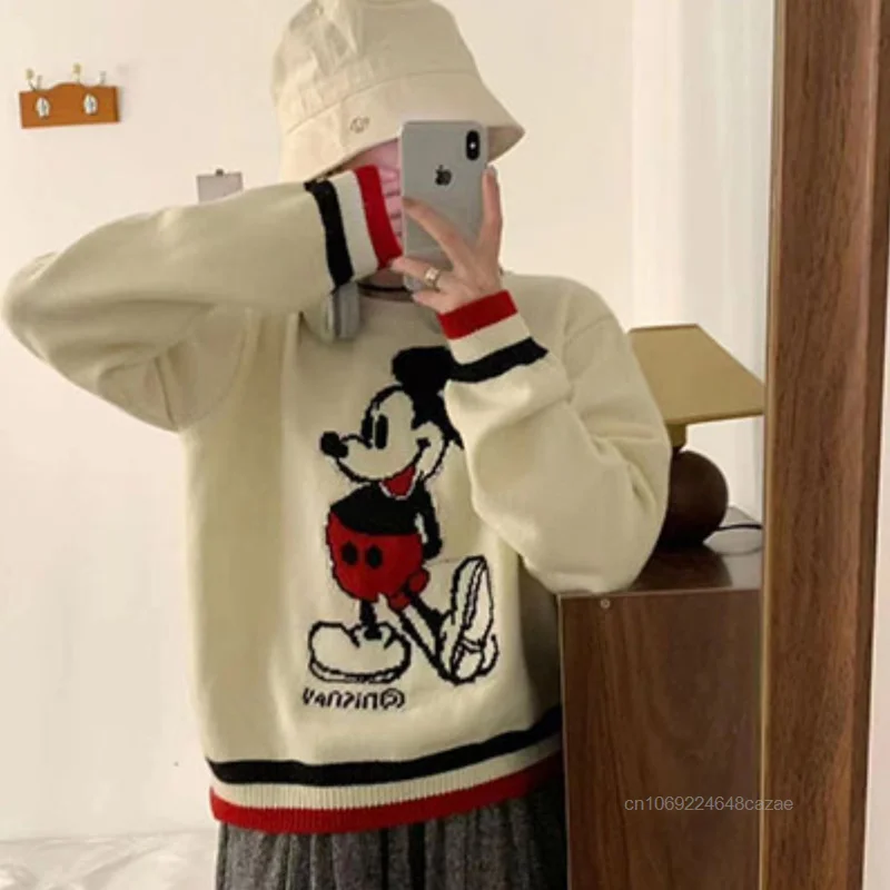 Серый пуловер с Микки Диснеем женский ранний осенний новый вязаный свитер