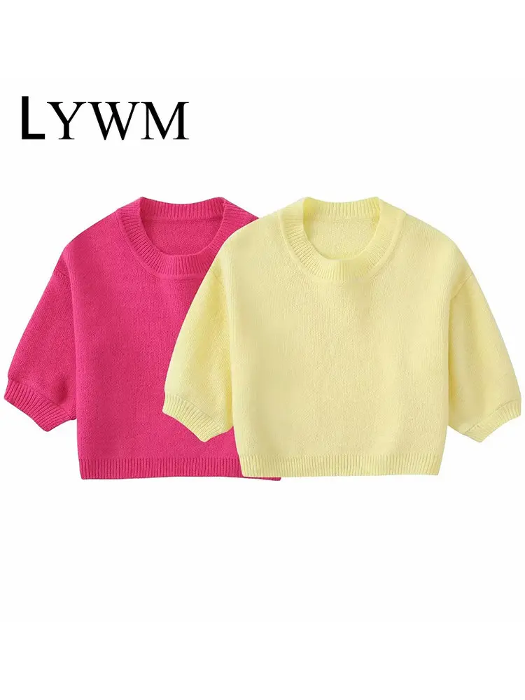 

Модный женский однотонный мягкий укороченный вязаный пуловер LYWM, свитер, женские шикарные топы с коротким рукавом и круглым вырезом