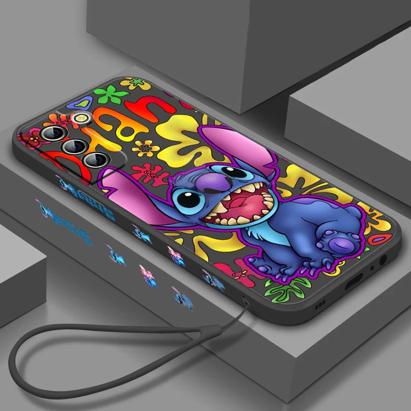 

Baby Stitch Cartoon Phone Case For Samsung Galaxy S23 S22 S21 S20 S10 Ultra Plus Pro FE Liquid Left Rope Candy Cover Coque Capa