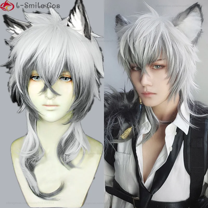 

Game Arknights SilverAsh Cosplay Wig Short Silver White Gradient Silver Gray Heat Resistant Synthetic Hair Party Wigs + Wig Cap