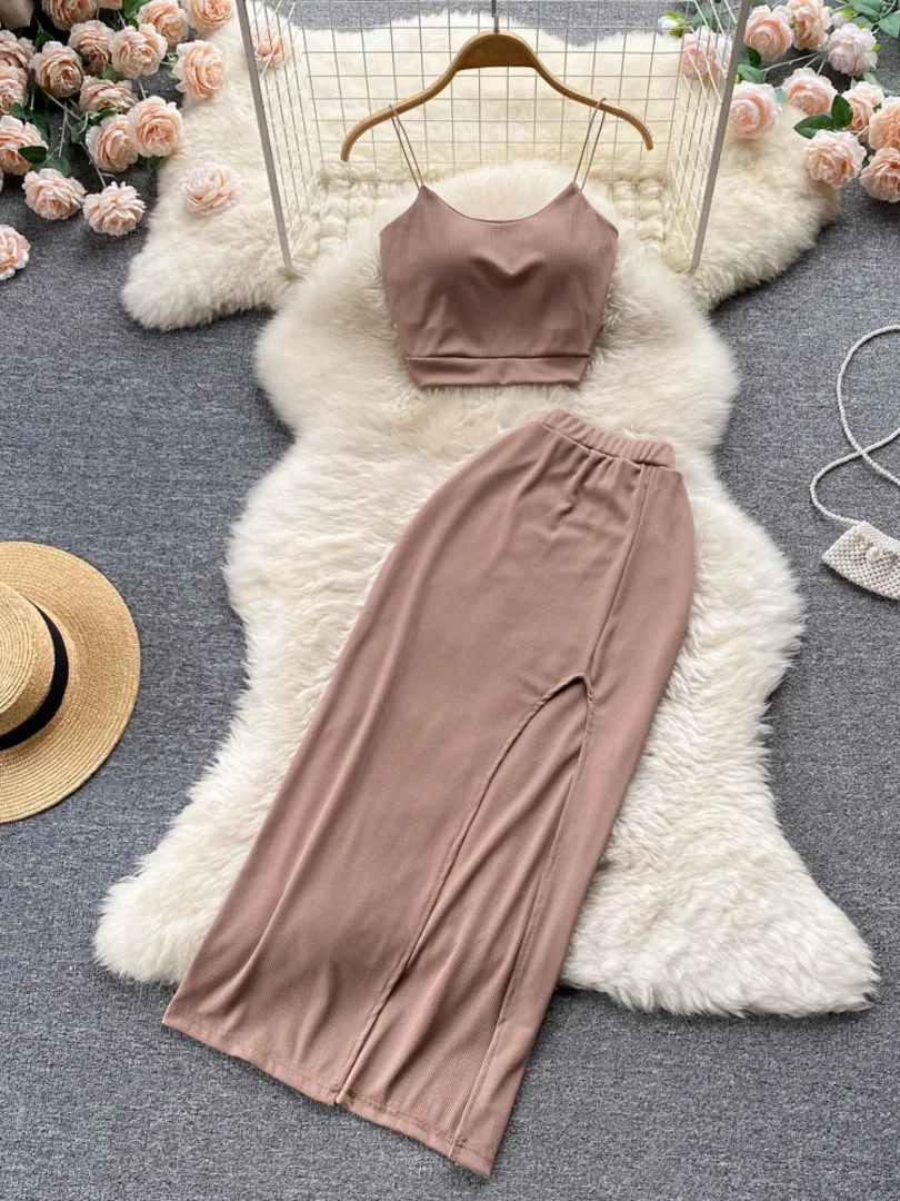 

Sexy Two Piece Set Women Summer Fashion Streetwear Solid Spaghetti Strap Sleeve Crop Top + Elastic Waist Split Midi Skirt Suits