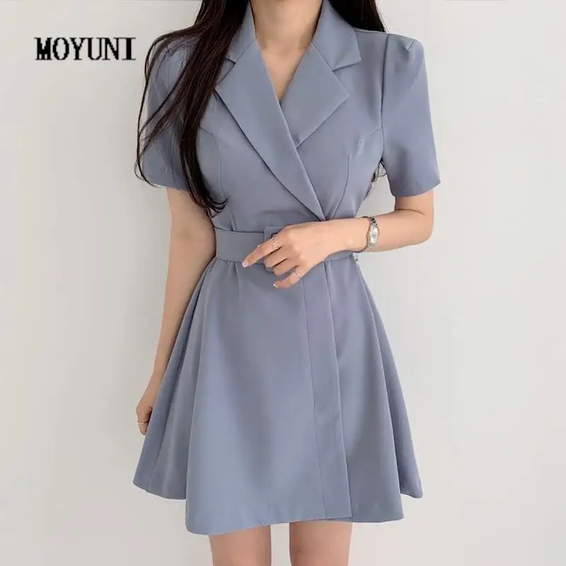 

Elegant Notched Short Sleeve Blazer Dress Mini Belt Waist Slim A Line Korean Chic Vestido Office Lady Temperament Casual
